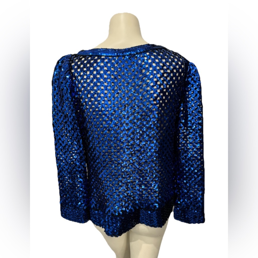 VTG 80s PARTIQUE New York Sequin Fishnet Party Sweater Royal Blue Womens 6 Small - Picture 3 of 9